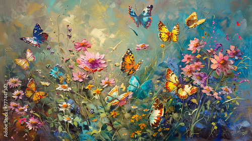 Sultry landscape. A field against the sky. Bright wildflowers. Butterflies flutter over the flowers. Oil painting. Generative AI.