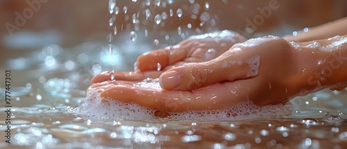 Hands washed under running water with soap bubbles clean and fresh. Concept Hand hygiene, Soap bubbles, Freshness, Clean hands, Running water
