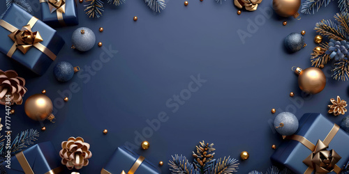 A purple christmas background with small golden stars and gift boxes decorations, Xmas banner design, Happy New Year, party invitation card template, winter holiday ,copy space 