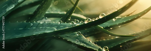 A close up of a green aloe vera plant with water drops on the leaves, displaying beautiful macro photography of this terrestrial houseplant, cosmetic concept, banner photo