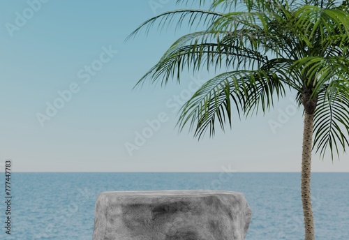 Stone pedestal Looking at the sea view and background or abstract empty product display platform space for displaying cosmetics, skincare products or products, 3D rendering..