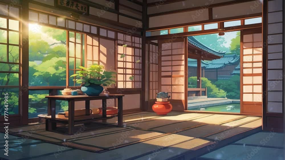 Elegant Japanese home interior with a charming garden in anime style ...