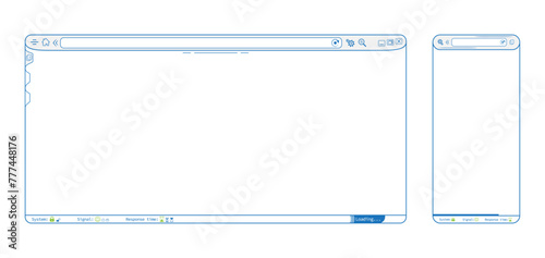 Blue internet browser phone app webpage, blank website template vector design. Editable lines web browser with icons illustration. Homepage mockup background illustration. 