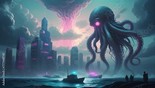 large octopus-like creatures with glowing pink eyes floating above a futuristic cityscape photo