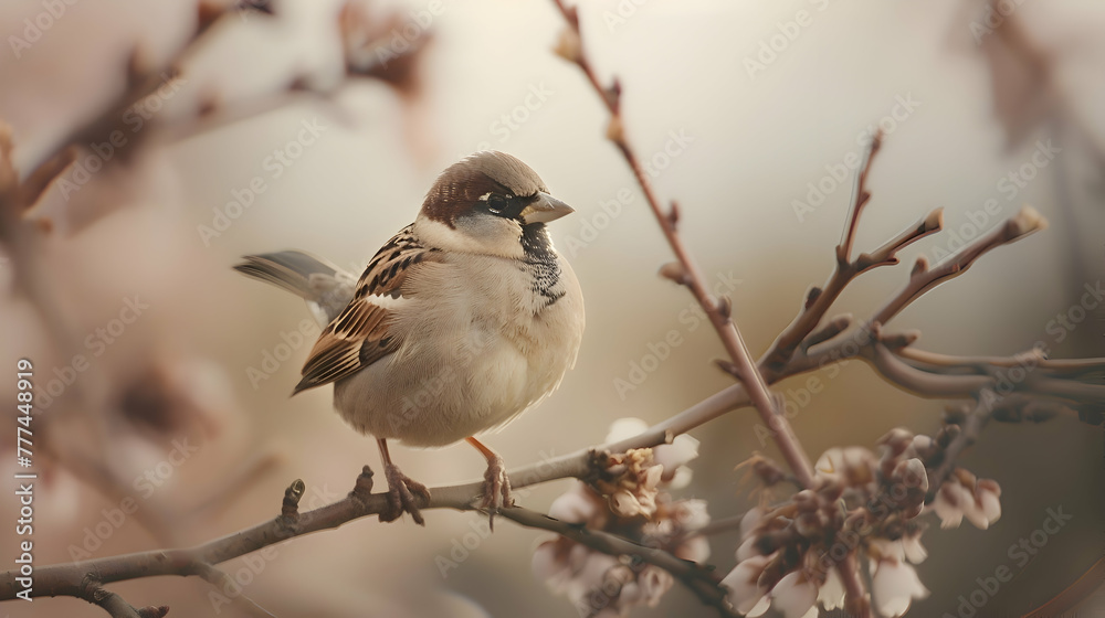 A close-up of a sparrow delicately balancing on a slender twig, its intricate plumage sharply contrasted against a softly blurred backdrop A close-up of a sparrow delicately balancing on a slender twig, its intricate plumage sharply contrasted against a softly blurred backdrop