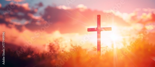 An abstract cross on a blurry sunset background. Background of Christianity, Christianity, Religion, Christian.