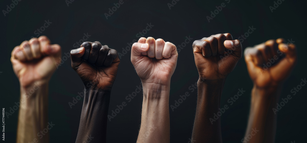 Multi ethnic fists raised up in sign of protest and social unrest, cut out, isolated on black background. Multi ethnic fists raised up in sign of protest and social unrest, cut out, isolated on black background.