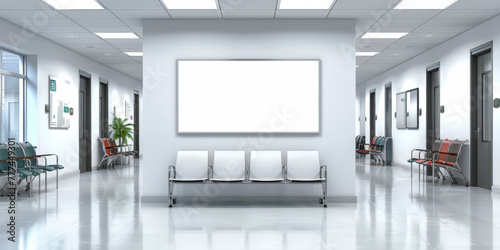 A mockup of an empty white poster on the wall in modern hospital waiting room with comfortable chairs and medical equipment. empty white blank poster on  white wall in hospital, white board 