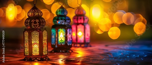 Ramadan decorations or colorful lanterns for Eid, with space for text.