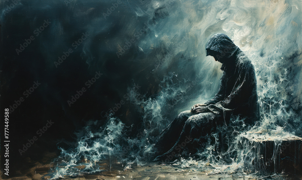 Artist's existential crisis, shrouded in darkness and despair as looming specter of artificial intelligence threatens to render human creativity obsolete, challenging essence of artistic expression Artist's existential crisis, shrouded in darkness and despair as looming specter of artificial intelligence threatens to render human creativity obsolete, challenging essence of artistic expression