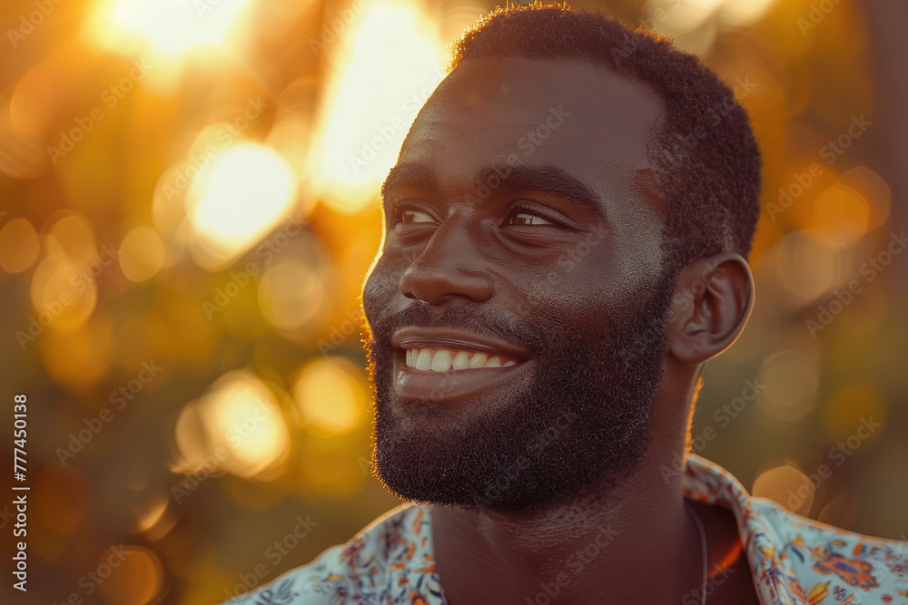 Young African American man with serene expression, sunset in park Young African American man with serene expression, sunset in park