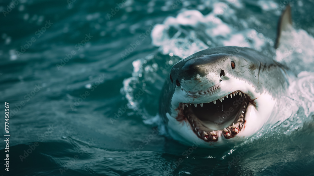 Obraz premium A fearsome great white shark emerges with its jaws wide open, cutting through the ocean water, exuding power and primal instinct.