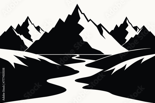 Landscape with silhouettes of mountains and Mountain river. Nature background. Vector illustration. Old style mountain vector illustration