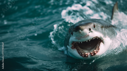A fearsome great white shark emerges with its jaws wide open  cutting through the ocean water  exuding power and primal instinct.