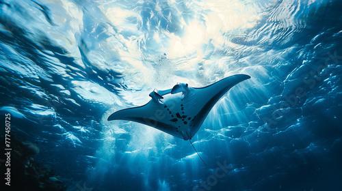  A majestic manta ray swims gracefully under the ocean's surface, illuminated by sunlight filtering through the water above, surrounded by a diverse coral landscape