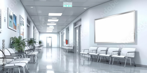 A mockup of an empty white poster on the wall in modern hospital waiting room with comfortable chairs and medical equipment. empty white blank poster on  white wall in hospital, white board  photo