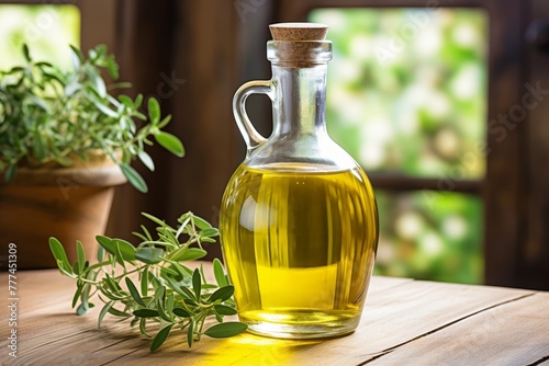 Glass bottle with olive oil and olive tree branch, ideal for text placement and copy space