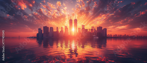 New York skyline silhouette with Twin Towers and USA flag at sunset. American Patriot Day banner, labor day, independent day, memorial day, USA international day, USA flag, 4th of July