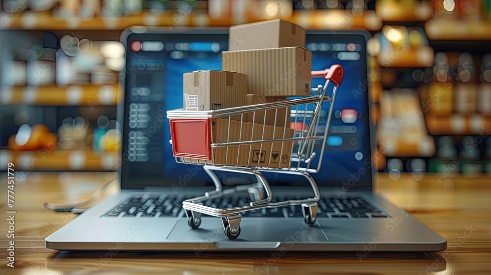 Online Shopping Revolution: Embrace the Digital Marketplace with a Laptop and Cart Overflowing with Boxes