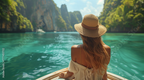Traveler woman on a boat on the beach, traveling through Southeast Asia, Thailand, Philippines. Travel and vacation concept. © JMarques