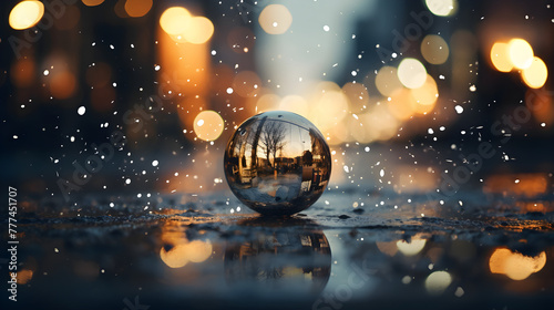 Magic mirror ball on ground with reflection of evening street on bokeh background photo