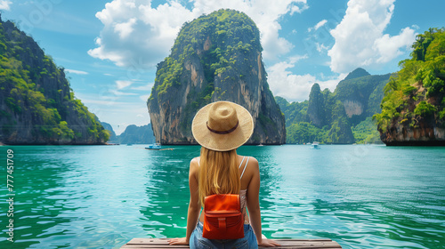 Young traveler woman with hat and backpack on a tropical island in Thailand on vacation trip. Girl travels alone through Southeast Asia on an adventure.