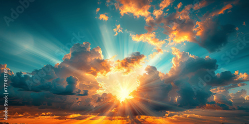 A beautiful sunrise with the sun shining through the clouds, rays of golden light across the blue sky. sunrise or sunset nature background. banner
