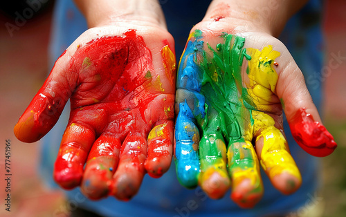 Hands covered in colorful paint, symbolizing creativity,DEI,Diversity,Equity and Inclusion. photo