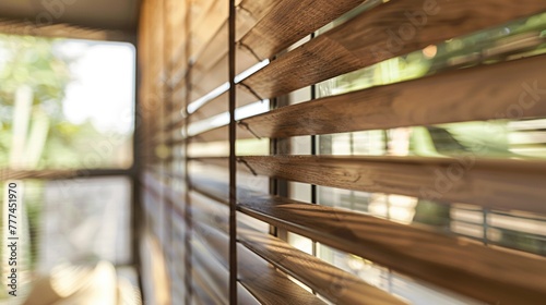 Close-Up of Wooden Blind Window Shade in Beautiful Home Interior