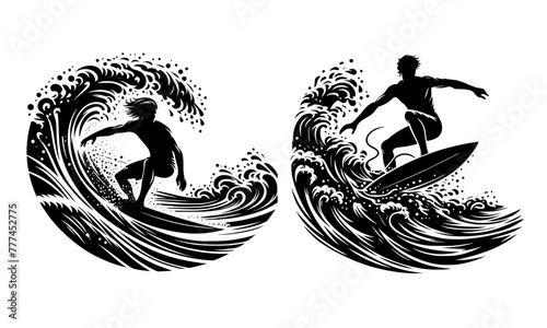 Silhouette of a surfer riding a wave, surfer silhouette vector illustration, white background