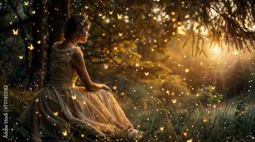 Young woman in fairy forest with golden bokeh lights on background