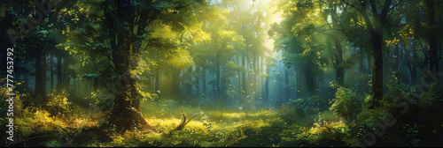 a green forest with tall trees and sunlight filtering through the leaves, banner natural landscape. sun rays through the forest, sun beams in green forest background. © Planetz