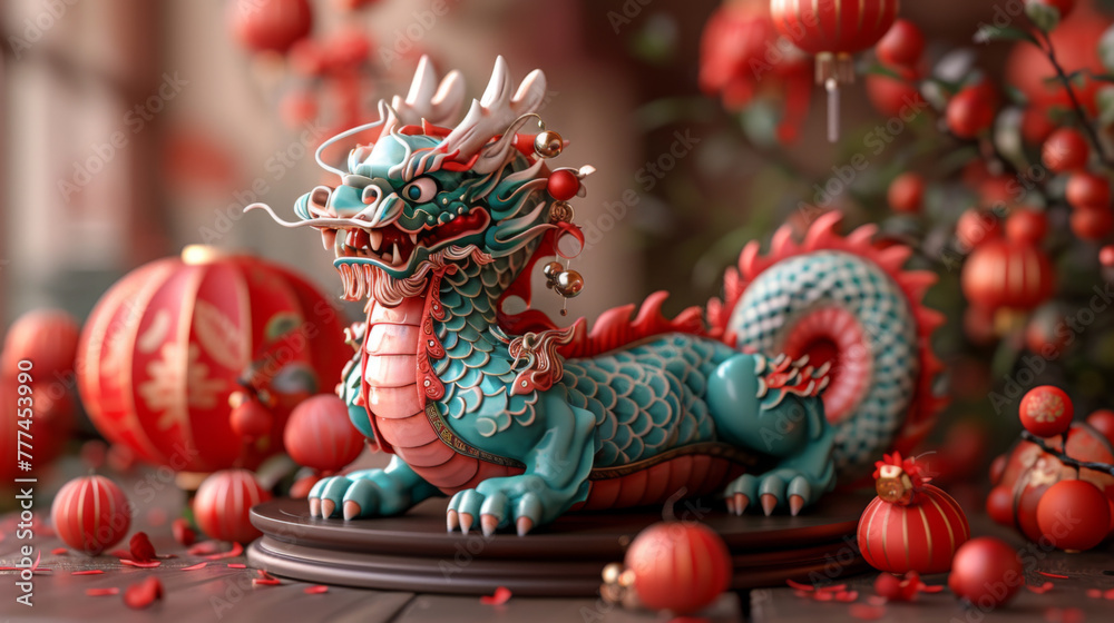Fototapeta premium Chinese new year, year of the dragon banner template design with dragons, clouds and flowers background. Chinese translation: Dragon.
