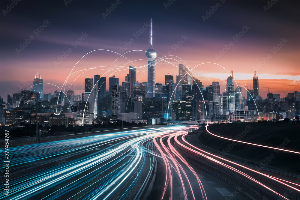 Fototapeta premium Smart city and abstract dot point connect with gradient line and aesthetic Intricate wave line design , big data connection technology concept