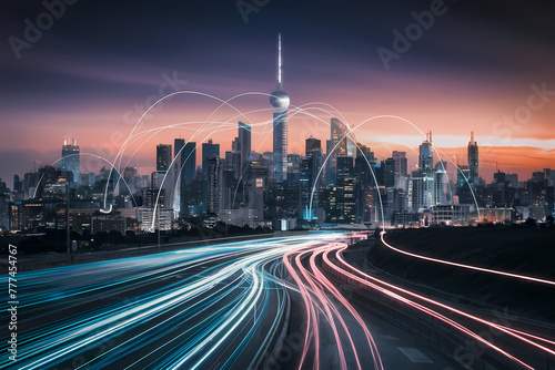 Smart city and abstract dot point connect with gradient line and aesthetic Intricate wave line design , big data connection technology concept