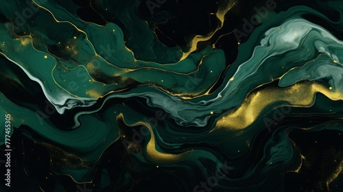 Modern art painting in alcohol ink, Abstract green fluid art with gold luxury marble stone texture background
