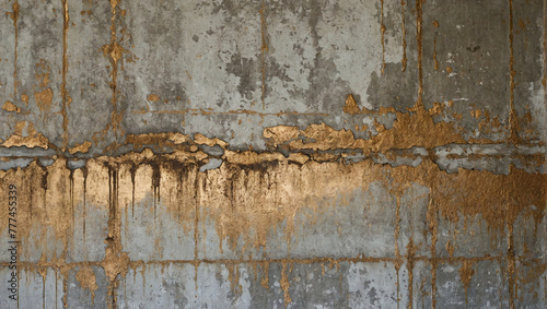 An old crumbling concrete wall, adorned with splatters of bronze paint creating a fascinating contrast of textures and colours.