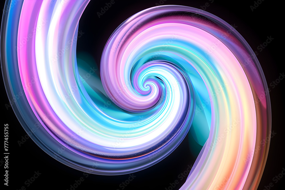 Neon pastel colored spiral swirl resembling a candy cane isolated on black background.
