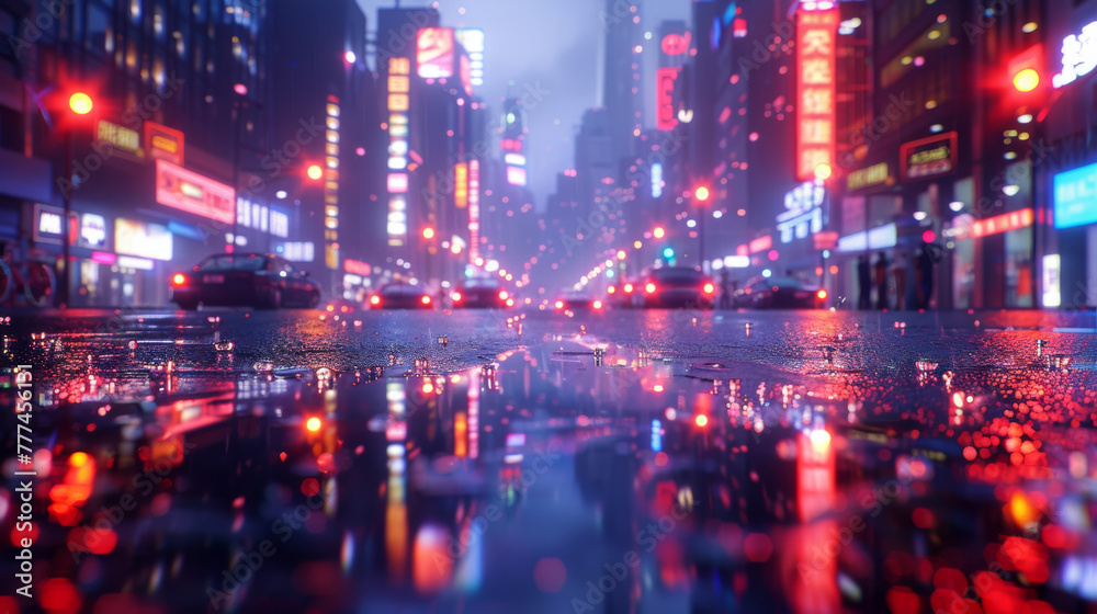 3D Rendering of neon mega city with light reflection from puddles on street heading toward buildings. Concept for night life, business district center (CBD)Cyber punk theme, tech background.