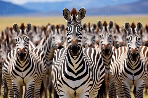 Zebras with distinctive striped patterns in the african wilderness, showcasing their natural habitat photo