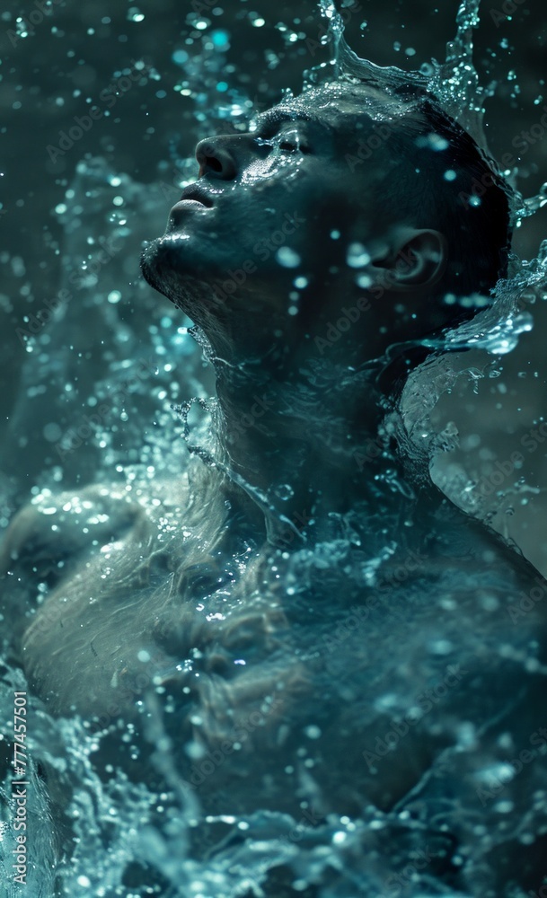 Portrait of a man surrounded by a tranquil splash of water in a dimly lit setting