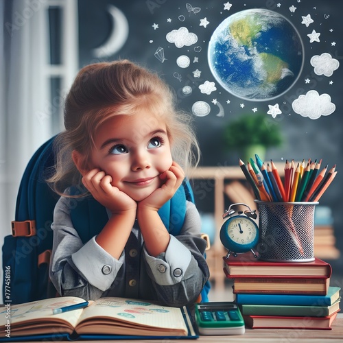 Preschooler with books ready for school - big dream for the future.