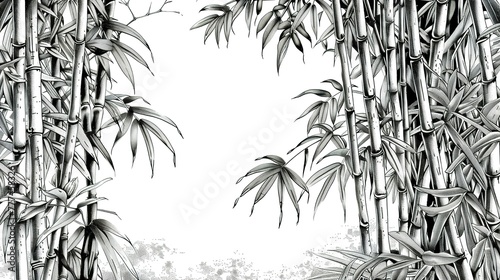 Bamboo forest, line drawing, black and white sketch, white background