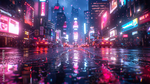 3D Rendering of neon mega city with light reflection from puddles on street heading toward buildings. Concept for night life, business district center (CBD)Cyber punk theme, tech background. © Matthew