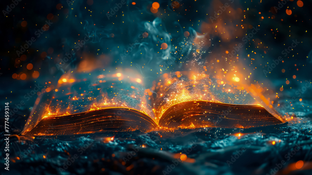 Magical open book. Shining lights and golden particles in fantastic fog rise above pages of book on dark background. Concept of fairy-tale literature, spells and mystery. - obrazy, fototapety, plakaty 