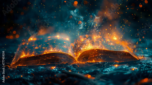 Magical open book. Shining lights and golden particles in fantastic fog rise above pages of book on dark background. Concept of fairy-tale literature, spells and mystery. photo
