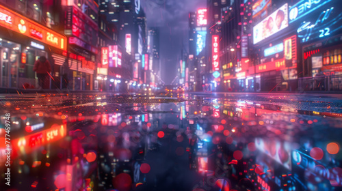 3D Rendering of neon mega city with light reflection from puddles on street heading toward buildings. Concept for night life  business district center  CBD Cyber punk theme  tech background.