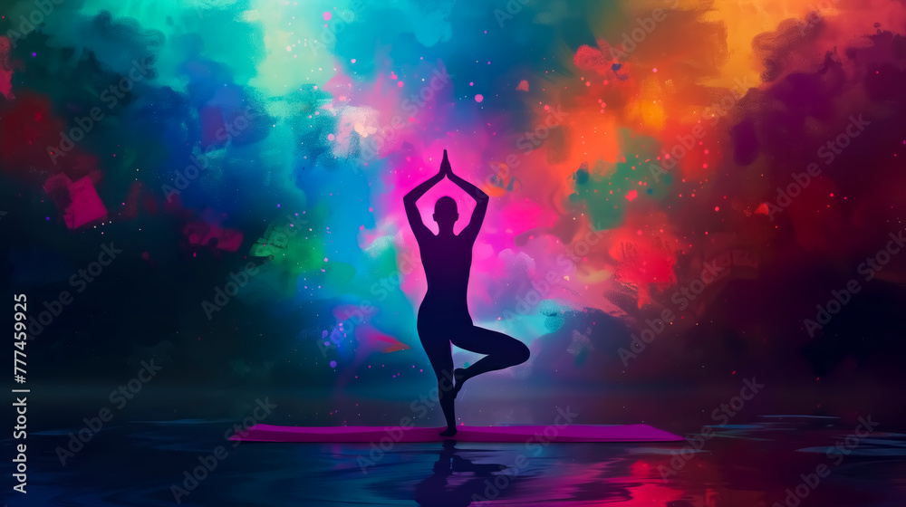 silhouette of female doing standing yoga pose with abstract colorful background