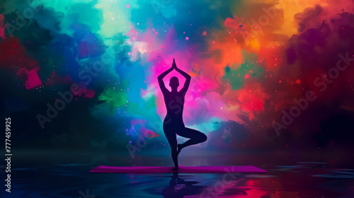 silhouette of female doing standing yoga pose with abstract colorful background