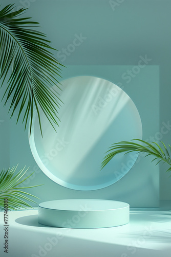 Light blue product stand and palm leaf illustration